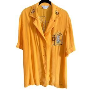 90s Vintage BLUE ICE Silk Western Embroidered Beaded Short Sleeve blouse Size 12